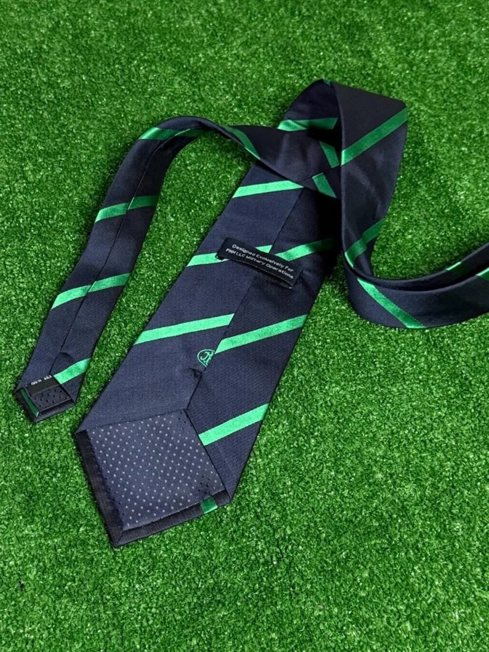 Rare FNH LLC Military Operations Monogram Silk Regimental Tie Navy Green Silk